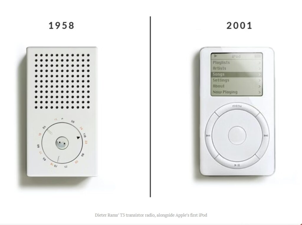 1958년 디터 람스가 디자인한 브라운 T3 트랜지스터 라디오와 2001년 애플이 출시한 1세대 아이팟을 나란히 비교한 이미지
