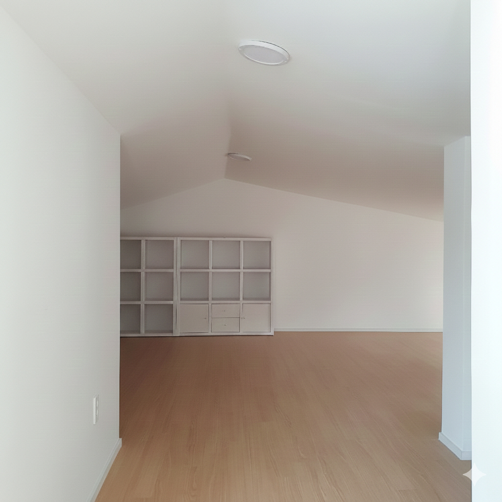 묵화담 다락방 인테리어: 박공지붕의 경사를 살린 화이트 톤의 놀이방 겸 멀티룸 공간과 수납장 디자인