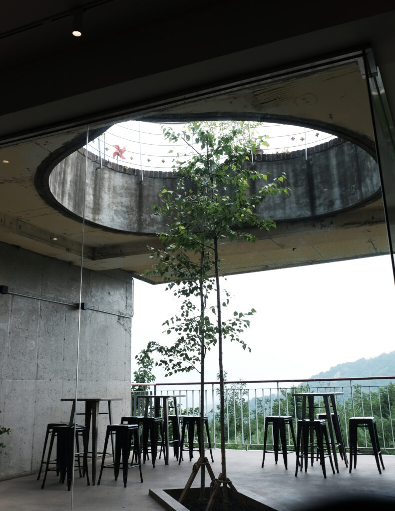 콘크리트 질감의 천장에 뚫린 거대한 원형 개구부 사이로 나무가 자라나고 하늘이 보이는 카페 희작의 독특한 내부 구조