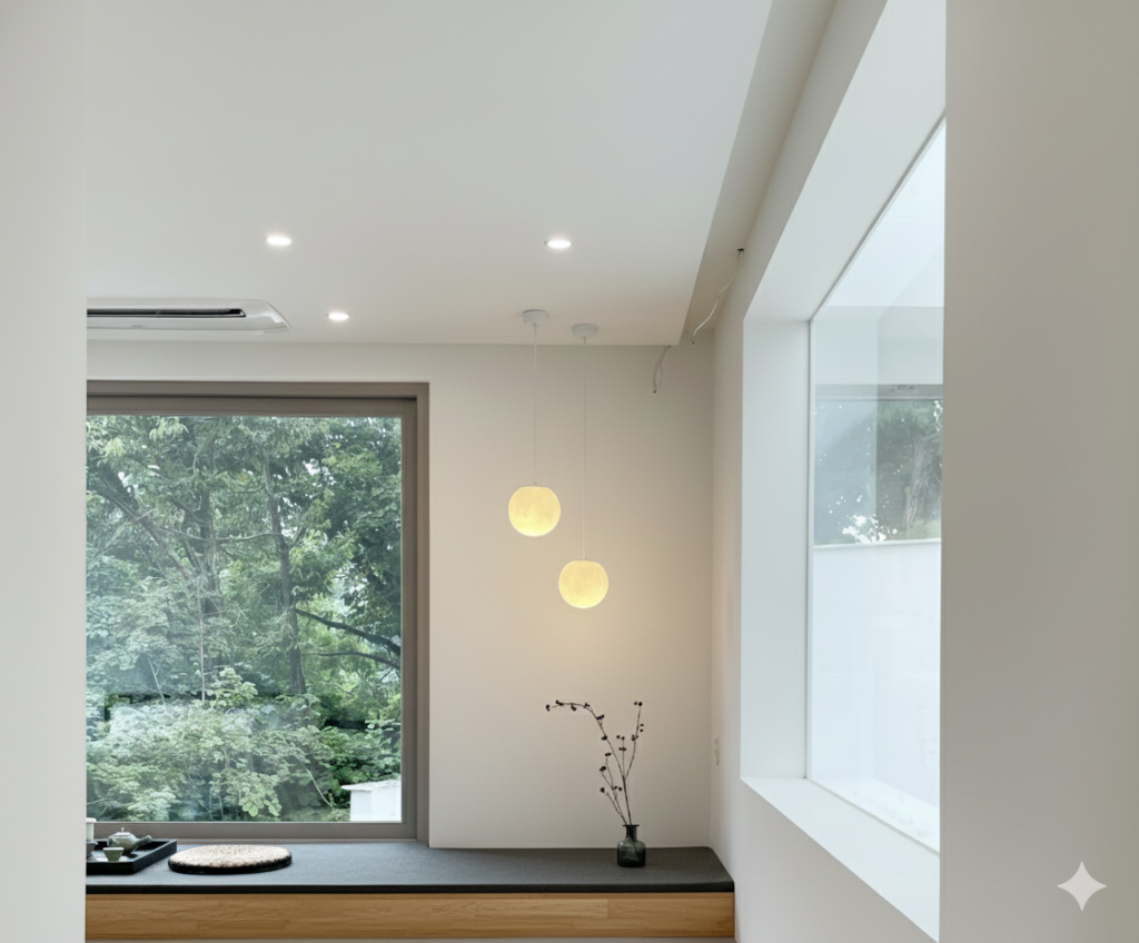 묵화담 안방 윈도우 시트 인테리어: 한옥 누마루를 모티브로 한 평상형 디자인과 숲을 담은 차경 창호