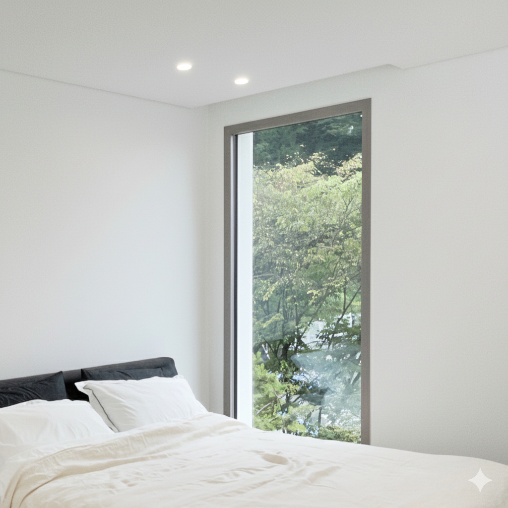 묵화담 침실 인테리어: 숲을 액자처럼 담아낸 세로형 픽처 윈도우와 미니멀 화이트 침구 스타일링