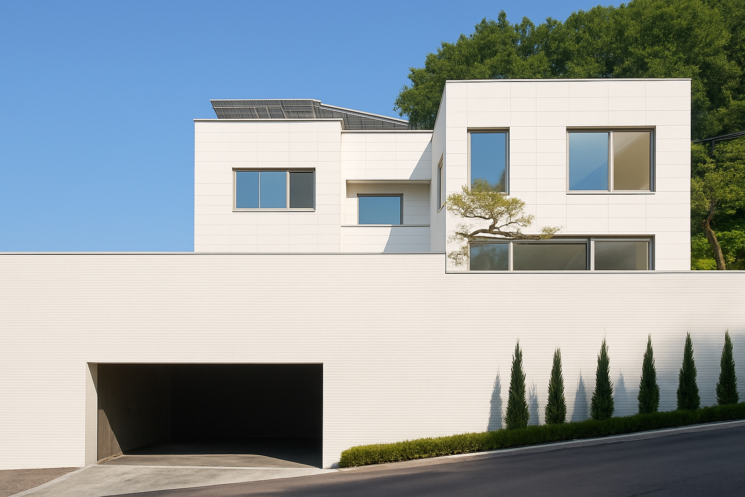 경기도 광주 능평동 동현마을 모던 단독주택 묵화담 외관 전경: 백제 미학을 재해석한 순백의 미니멀 건축 디자인