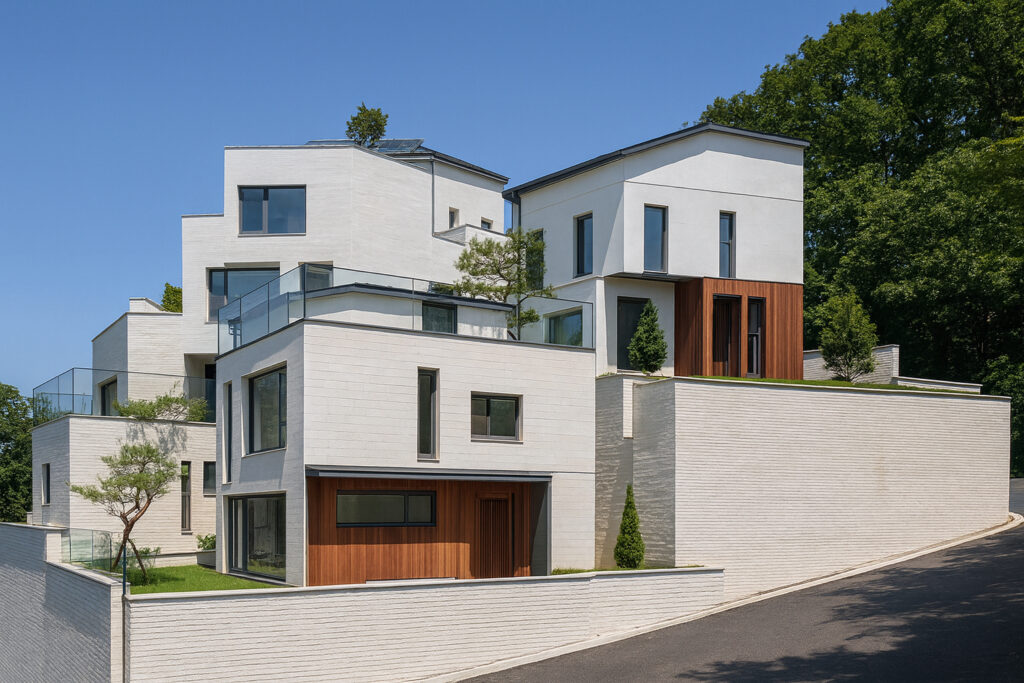 경기도 광주 능평동 동현마을 고급 단독주택 묵화담 측면 외관: 경사지를 활용한 계단식 건축 설계와 모던 화이트 타운하우스 전경