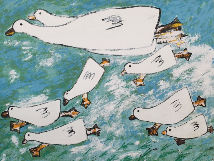 푸른 물 위를 자유롭게 헤엄치는 여덟 마리 오리를 그린 김점선의 작품