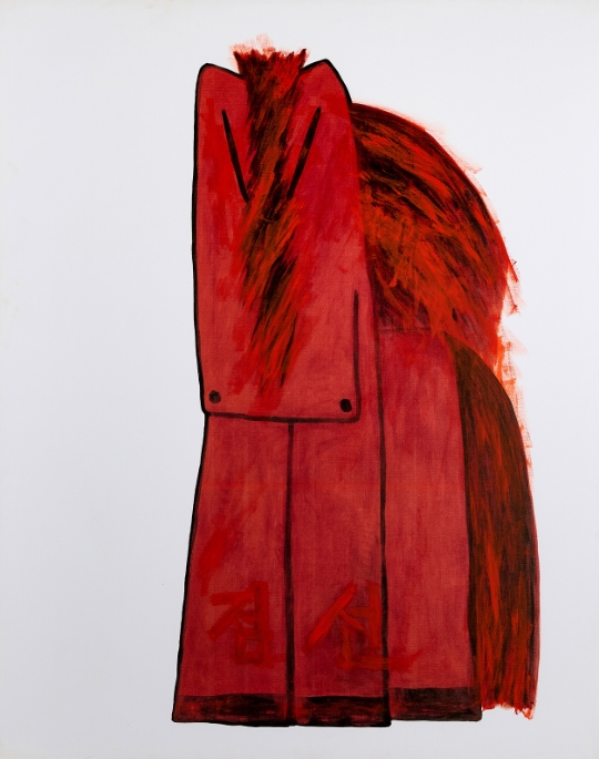 강렬한 붉은 색채로 표현된 김점선의 '빨간 말' 작품 이미지